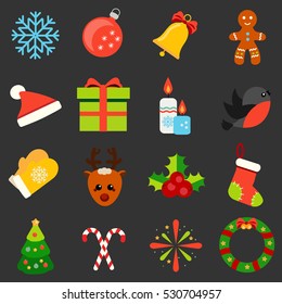Christmas and new year icons. Vector set of winter holidays symbols. Gingerbread, bell, candy canes, sock and other traditional design elements, stickers