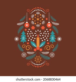 Christmas and new year illustration. Abstract stylized snowflakes, tree,fir branches