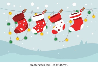 Christmas and New year illustration. Christmas background and wallpaper. Red and white Christmas stockings pattern with fancy lights in winter. Blue sky with snowing and little pine trees for postcard