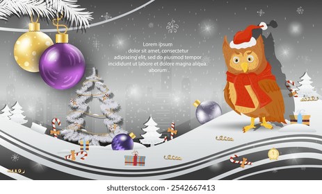 Christmas and New Year illustration, Christmas balls on a fir tree, an owl in a Santa Claus hat