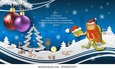 Christmas and New Year illustration, Christmas balls on a fir tree, a snake and an Owl in a Santa Claus hat