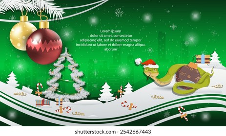 Christmas and New Year illustration, Christmas balls on a fir tree, A snake in a Santa Claus hat wraps around a Christmas ball