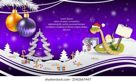 Christmas and New Year illustration, Christmas balls on a fir tree, a snake in a Santa Claus hat with a wooden plaque