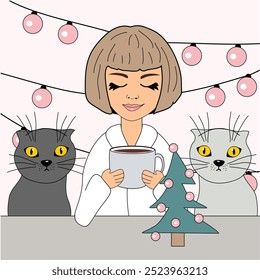 Christmas and New Year illustration with beautiful young girl and two cute cats winter mood holiday december vector picture