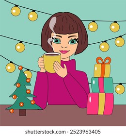 Christmas and New Year illustration with beautiful young girl and two cute cats winter mood holiday december vector picture	
