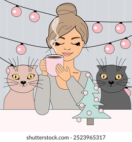 Christmas and New Year illustration with beautiful young girl and two cute cats winter mood holiday december vector picture	
