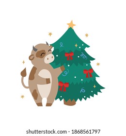Christmas and New Year illustration with bull and christmas tree. Symbol of the 2021 year. 