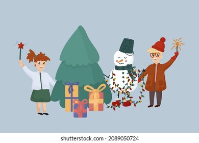 Christmas and New Year illustration with cute seasonal elements. Cartoon winter poster with a Snowman and children. Vector illustration