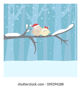 Christmas or New Year illustration. Cute owls on the branch. Can be used for celebration card, invitation, scrapbooking.