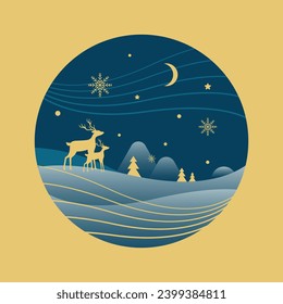 Christmas and New Year illustration with deer in a winter night landscape. Christmas card with deer and winter.