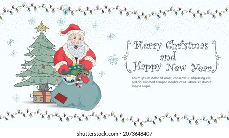 Christmas and New Year illustration for design, greeting inscription in a frame, Santa Claus with a bag of gifts stands next to a Christmas tree