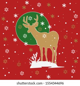 Christmas and new year illustration, a Festive silhouette deer looks at a green Christmas tree toy around a snowflake on a red background .Vector graphics