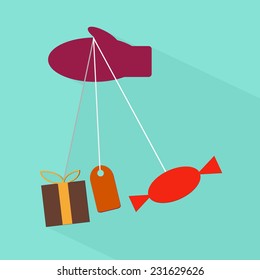 Christmas and New Year illustration in flat style. Infographic elements. Red mitten, candy, gift box. 
