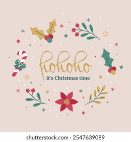Christmas and New Year illustration with flowers and branches with the text Ho Ho Ho