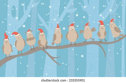 Christmas or New Year illustration. Funny owls in Santa hats on the branch. Can be used for celebration card, invitation, scrapbooking.