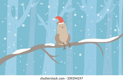 Christmas or New Year illustration. Funny owl in Santa hat on the branch. Can be used for celebration card, invitation, scrapbooking.