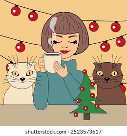 Christmas and New Year illustration with garland and presents beautiful young girl and two cute cats winter mood holiday december vector picture	
