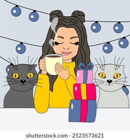 Christmas and New Year illustration with garland and presents beautiful young girl and two cute cats winter mood holiday december vector picture	
