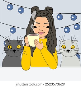 Christmas and New Year illustration with garland and presents beautiful young girl and two cute cats winter mood holiday december vector picture	
