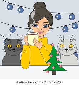 Natal e Ano Novo ilustração com guirlanda e apresenta linda menina e dois gatos bonito inverno humor feriado dezembro imagem vetorial	
