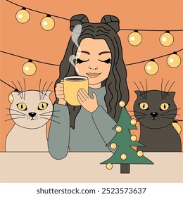Christmas and New Year illustration with garland and presents beautiful young girl and two cute cats winter mood holiday december vector picture	
