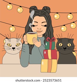 Christmas and New Year illustration with garland and presents beautiful young girl and two cute cats winter mood holiday december vector picture	
