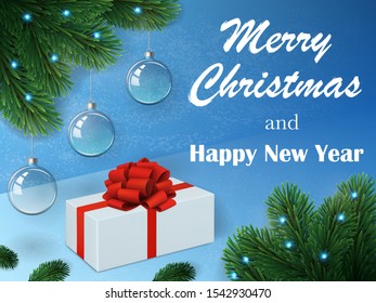 Christmas, New Year illustration. Gift with a red bow, green spruce with a garland, transparent glossy balls on a blue background. EPS 10 vector.
