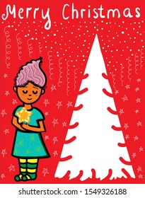 Christmas and New Year illustration, girl and tree, drawing with place for inscription