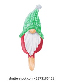 Christmas and New Year illustration. Gnome festive ice cream or cake. Sweets on a stick. Watercolor and markers. Isolated handmade art.