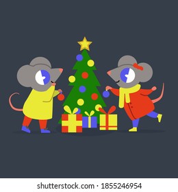 Christmas, New Year illustration: mice in winter clothes with presents, decoration and tree. Happy holidays theme for kids. Vector children flat stock illustration isolated on gray background.