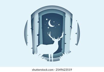 Christmas and New year illustration in paper cut style. Paper cut winter Christmas in the forest with reindeer and moon at night for Christmas background, backdrop, postcard, special gift, wallpaper.