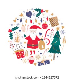 Christmas and New Year illustration set with decorative elements (santa, tree, presents, candy, mistletoe, garland) in a circle. Vector winter collection