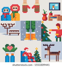 Christmas and New Year illustration set, winter holidays greeting cards with New Year tree, reindeer, mittens, Santa, vector illustration.  Element design for app, web, sticker. 