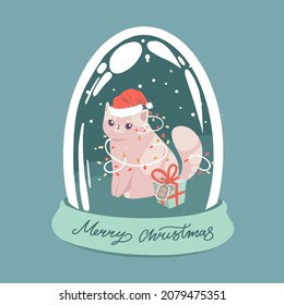 Christmas, New Year illustration snow globe with cat