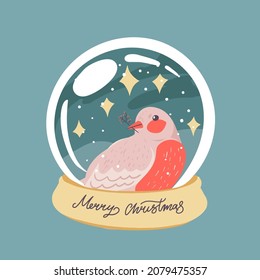 Christmas, New Year illustration snow globe with robin bird