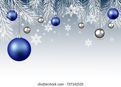 Christmas And New Year Illustration, sprus branches, blue and silver