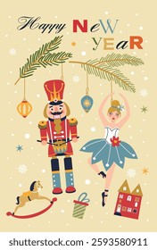 Christmas new year illustration toys ballerina fir nutcracker on light background