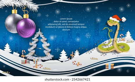 Christmas and New Year illustration, Christmas tree balls on a fir tree, a snake in a Santa Claus hat wrapped in a garland