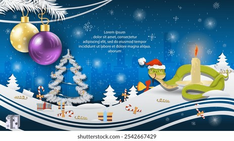 Christmas and New Year illustration, Christmas tree balls on a fir tree, a snake in a Santa Claus hat wraps around a candle