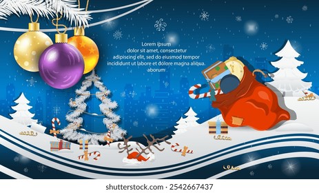 Christmas and New Year illustration, Christmas tree balls on a fir tree, A large bag with gifts