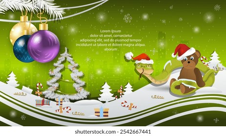 Christmas and New Year illustration, Christmas tree balls on a fir tree, A snake in a Santa Claus hat wraps around a bear toy