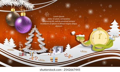 Christmas and New Year illustration, Christmas tree balls on a fir tree, a snake in a Santa Claus hat wraps around a clock