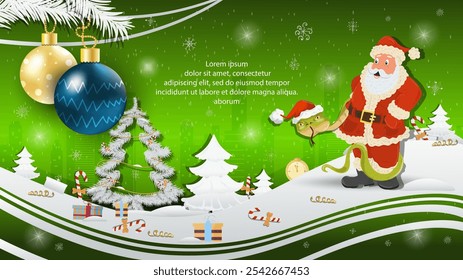 Christmas and New Year illustration, Christmas tree balls on a fir tree, A snake wraps around Santa Claus