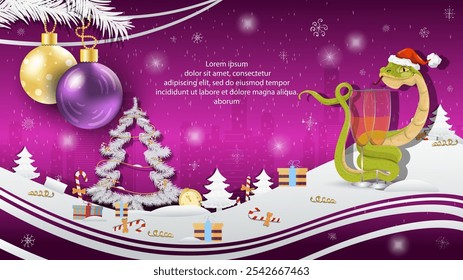 Christmas and New Year illustration, Christmas tree balls on a fir tree, a snake in a Santa Claus hat wraps around a glass with a drink