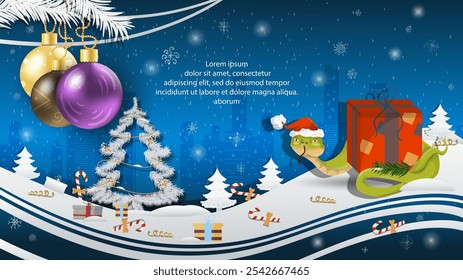Christmas and New Year illustration, Christmas tree balls on a fir tree, a snake in a Santa Claus hat wraps around a gift box