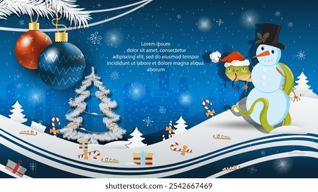 Christmas and New Year illustration, Christmas tree balls on a fir tree, A snake in a Santa Claus hat wraps around a snowman