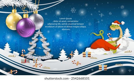 Christmas and New Year illustration, Christmas tree balls on a fir tree, a snake peeks out from behind Santas hat