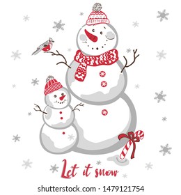 Christmas and New Year illustration with two snowmen. Square greeting card. Let it snow. Winter wishes vector illustration.