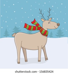 Christmas and New Year illustration in vector. Winter snowy landscape and cute deer in scarf. Funny cartoon illustration can be used for celebration postcard, poster, etc.