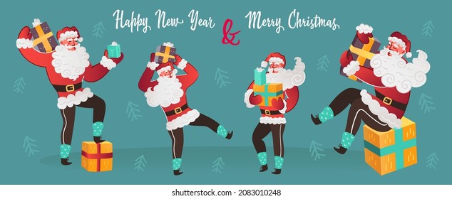 Christmas and New Year illustrations of Santa Claus Set . Funny Santa Claus with different emotions and situations, character with present. Vector illustration isolated on blue background